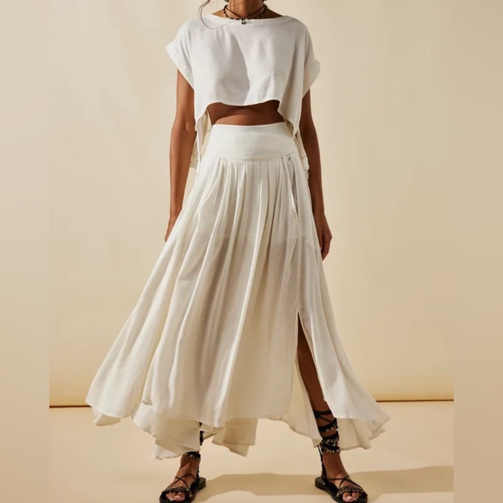 Free People Sundown Top Skirt Set boho linen beach brown, nude, tan Size Small
